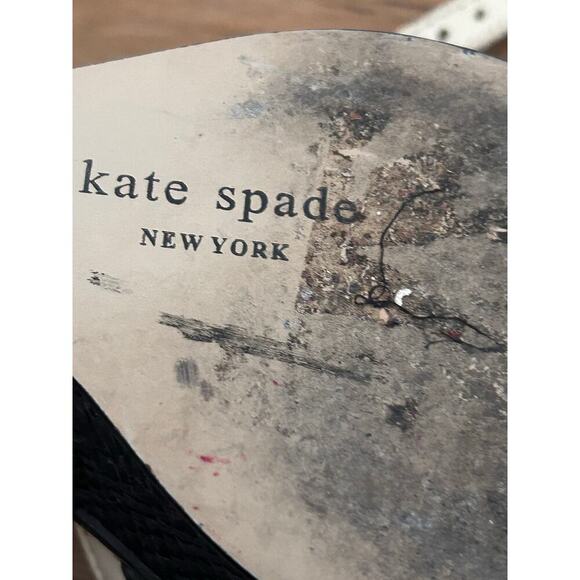 Preloved- Kate Spade Sandals Heels Black Ivory Leather Pom Pom Platform Wedges 8 - Picture 5 of 10